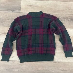 Vintage Green and Burgundy Plaid Cotton Sweater